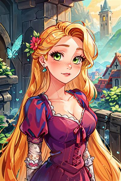 راپونزل در خیابان‌های آفتابی با گیسوان بلند طلایی و پروانه