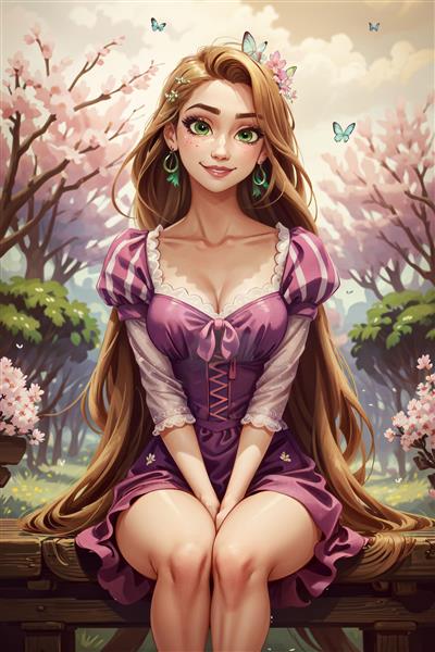 راپونزل در بالکن شهر قدیمی با چشم‌های سبز و لباس بنفش (دیزنی)