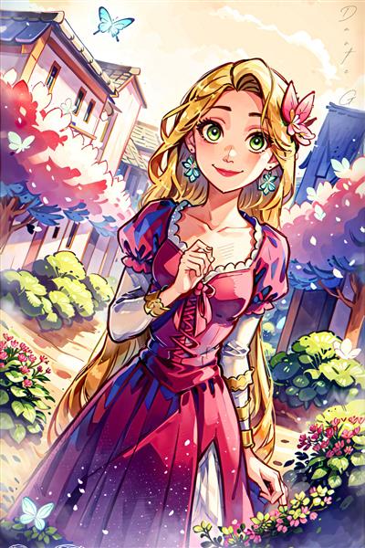 راپونزل شاد در بهار با موهای بلند و لباس یاسی انیمیشن دیزنی