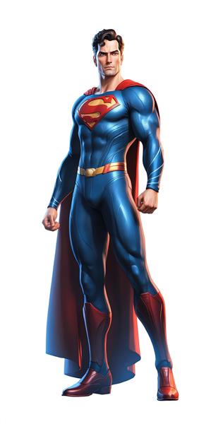 تصویر با کیفیت سوپرمن با عضلات برجسته، آماده مبارزه در زمینه سفید