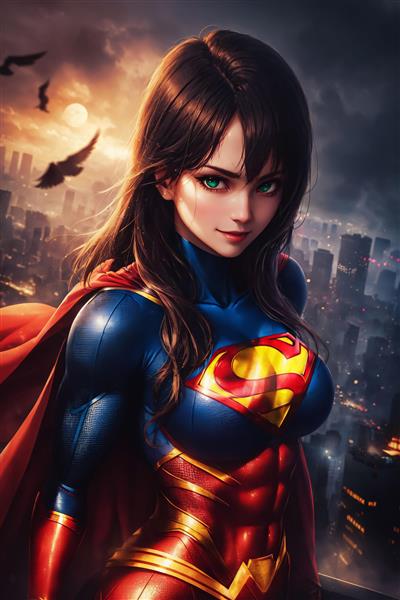 سوپرگرل با موهای تیره در شب با غروب آفتاب و پرندگان در آسمان شهر