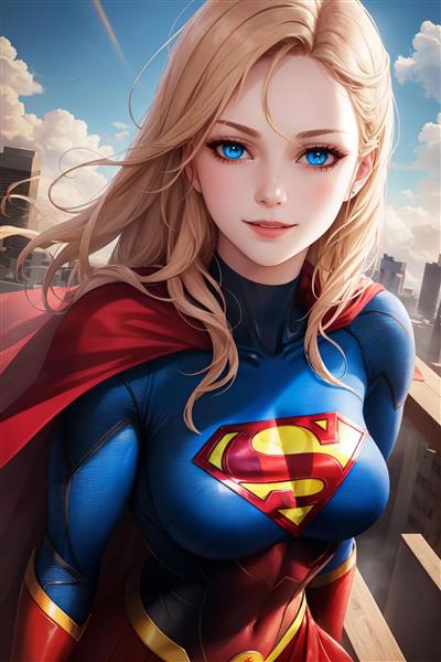 سوپرگرل انیمه‌ای با چشمان آبی در نمای شهر و آسمان ابری