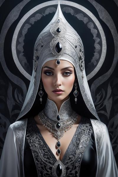 پرتره کلوزآپ ملکه ایرانی با کلاه سلطنتی بلند و جواهرات آویز سیاه