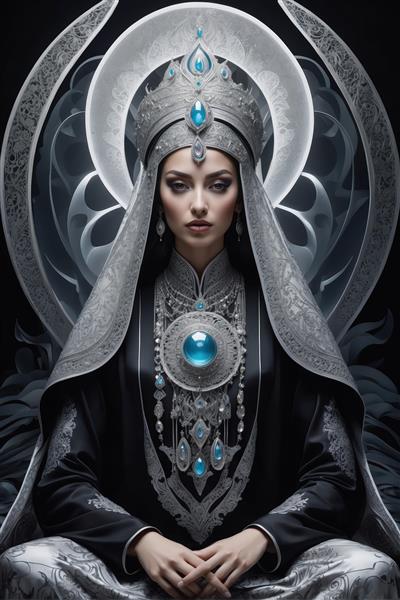 ملکه با شکوه و لباس مشکی با جواهرات آبی بزرگ، تم سلطنتی تاریک