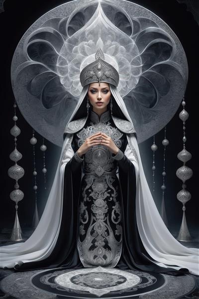 پرتره تمام قد ملکه ایرانی با شنل سفید در زمینه نقش‌های اسلیمی درخشان