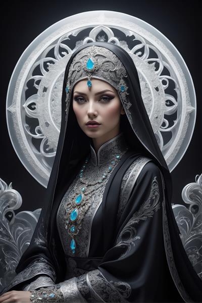 بانوی اشرافی مشکی‌پوش با جواهرات فیروزه‌ای و تاج درخشان (تم شرقی)