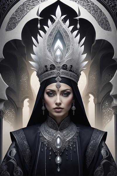 پرتره ملکه پارسی با تاج باشکوه پر مانند، پس‌زمینه طاق‌های اسلامی