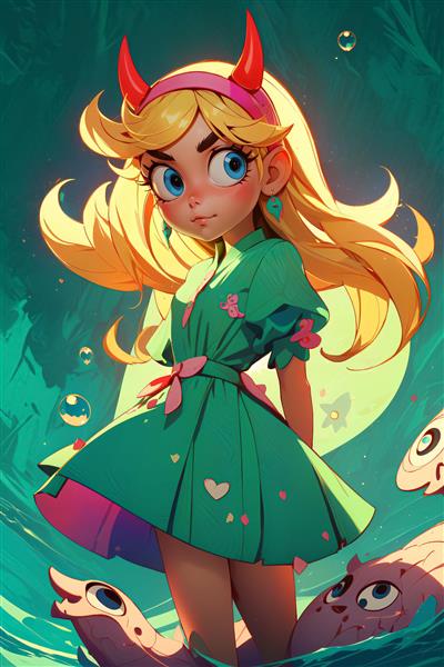 کارتون استار باترفلای در آب، پس‌زمینه سبز