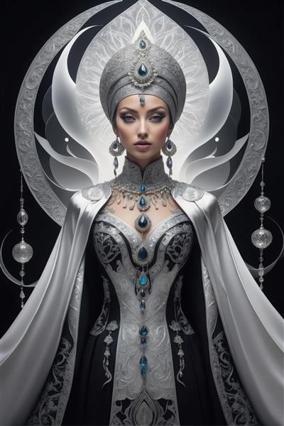 پرتره باشکوه ملکه برفی با شنل و لباس جواهرنشان سفید و نقره‌ای