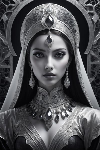 پرتره کلوزآپ زن با ابهت سیاه و سفید، آرایش چشم دودی و جواهرات بزرگ