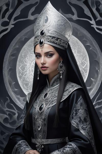 ملکه سیاهپوش ایرانی با تاج و کلاه سلطنتی، پرتره مرموز و درخشان