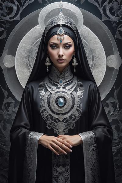 زن با حجاب و جواهرات بزرگ مشکی و نقره‌ای، پرتره شرقی کلاسیک
