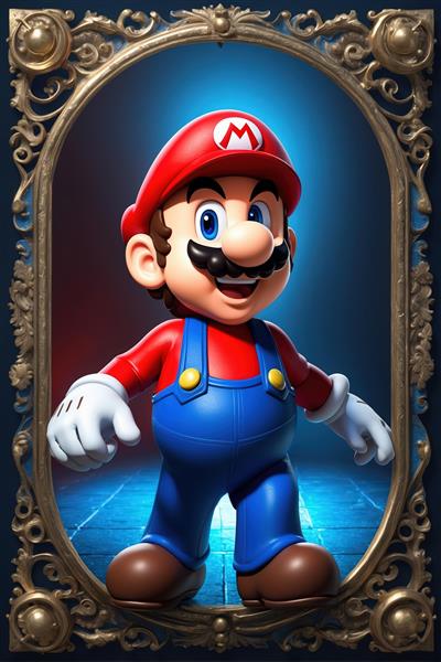 پرتره ماریو خندان در قاب طلایی عتیقه و تاریک (شخصیت کارتونی نینتندو)