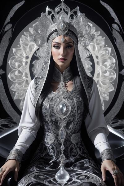 پرتره زن شرقی و ملکه ایرانی با لباس سلطنتی سیاه و سفید، جواهرات درخشان