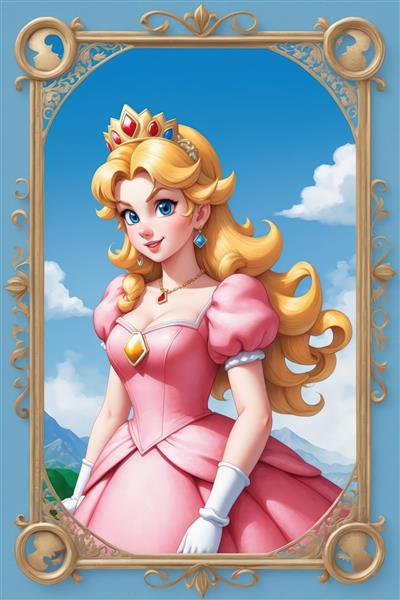 عکس پرتره نزدیک پرنسس پیچ با تاج و جواهرات و قاب طلایی لوکس برای تابلو