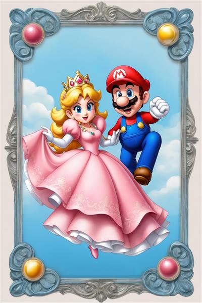طرح فانتزی رقص ماریو و پرنسس پیچ در آسمان با قاب رنگی و نگین دار
