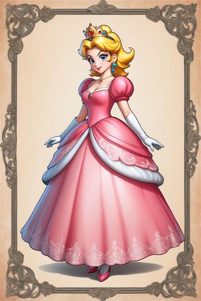 دانلود تصویر تمام قد پرنسس پیچ با لباس مجلسی صورتی و قاب سلطنتی قدیمی