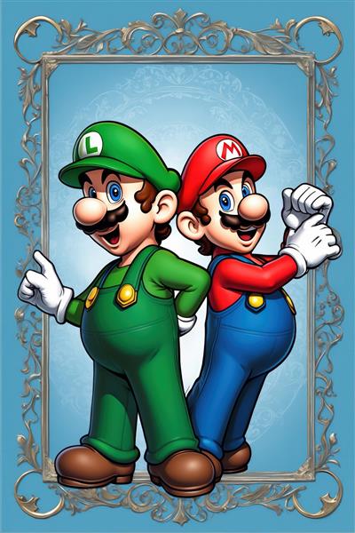 عکس جذاب ماریو و لوییجی در کنار هم با قاب ظریف نقره ای برای چاپ پوستر
