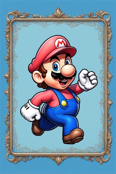 تصویر کلاسیک سوپر ماریو در حال دویدن با قاب ساده آبی مناسب اتاق کودک
