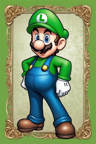 دانلود پوستر تک نفره لوییجی با ژست قهرمانانه و قاب طلایی در پس زمینه سبز