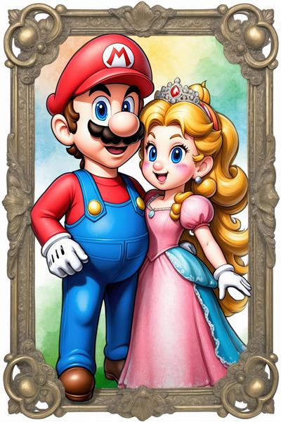 عکس دونفره و عاشقانه ماریو و پرنسس پیچ با قاب برنزی برای تابلو دکوراتیو