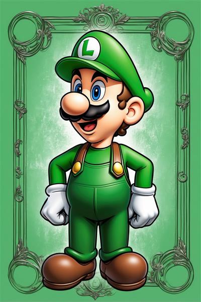 تصویر باکیفیت لوییجی (برادر ماریو) با تم رنگی سبز و قاب کلاسیک برای چاپ