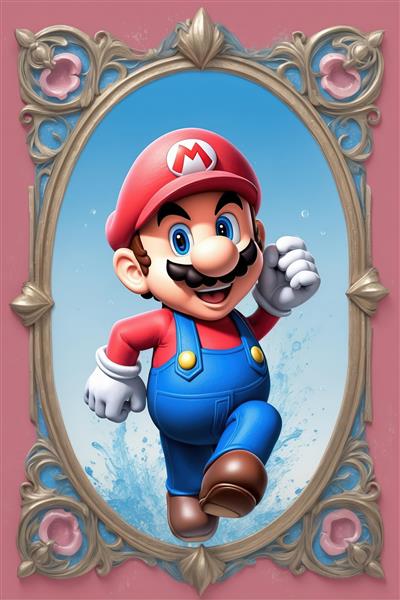 تصویر اکشن سوپر ماریو با افکت پاشش آب و قاب سلطنتی برای چاپ روی بوم