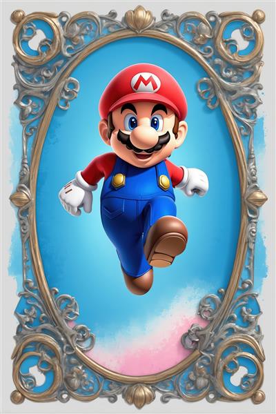 دانلود عکس ماریو در حال پرواز با قاب بیضی آبی و نقره ای مناسب چاپ پوستر