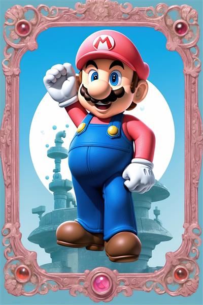 طرح لایه باز نمای (شبیه سازی) ماریو با پس زمینه قلعه و قاب صورتی دخترانه