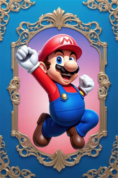 عکس ماریو قارچ خور خوشحال در حال دویدن با قاب فانتزی و تم رنگی صورتی آبی