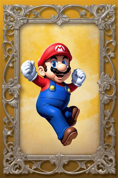 طرح پوستر ماریو در حال پرش با پس زمینه زرد روشن و قاب طوسی کلاسیک