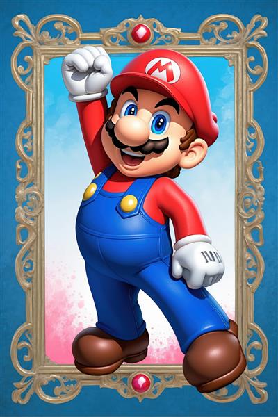 تصویر گرافیکی ماریو مشت گره کرده (پیروزی) با قاب آبی نفیس برای پوستر اتاق گیم