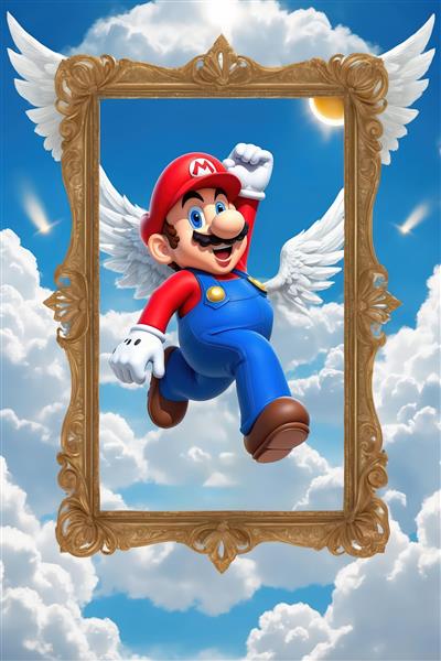 تصویر ماریو سوپرمن در حال پرواز با مشت گره کرده و قاب طلایی برای تابلو