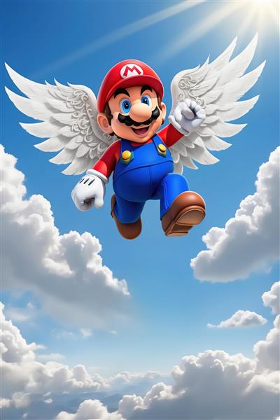 عکس بسیار باکیفیت ماریو بال دار در اوج آسمان با نور خورشید برای چاپ پوستر