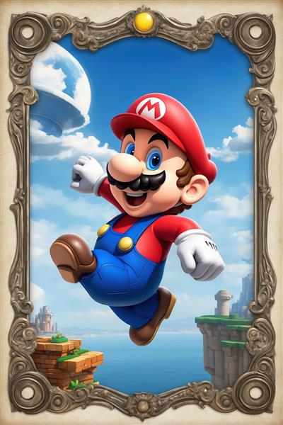 عکس ماریو قارچ خور خندان در حال پرش با قاب برنزی قدیمی و منظره دریا