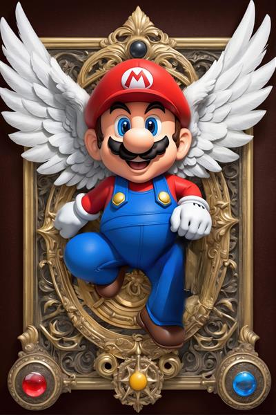 عکس لوکس سوپر ماریو با بال های فرشته و قاب سلطنتی طلایی برای دکوراسیون گیمینگ