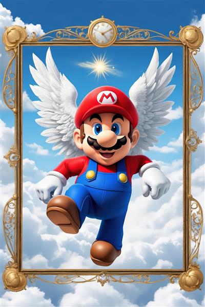 دانلود تصویر کمیاب ماریو بال دار در آسمان با قاب ساعت برای تابلو