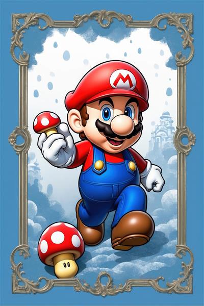 تصویر هنری ماریو قارچ خور با قاب آبی سلطنتی مناسب چاپ پوستر اتاق پسرانه