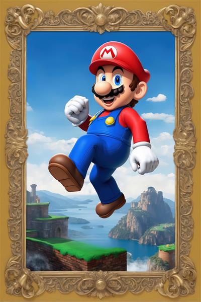 تصویر گرافیکی و اورجینال تابلو سوپر ماریو با قاب طلایی کلاسیک مناسب اتاق کودک