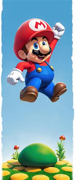 پوستر عمودی ماریو در حال پرشو پس‌زمینه آسمان آبی