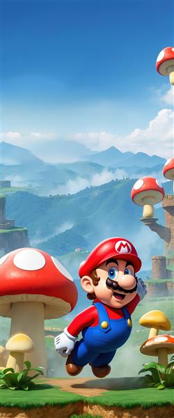 پوستر عمودی ماریو در حال پرش با مشت گره کرده و پس‌زمینه آسمان آبی