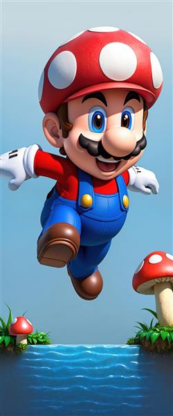 عکس تمام قد ماریو ایستاده روی لوله سبز در دنیای قارچی با کیفیت بالا