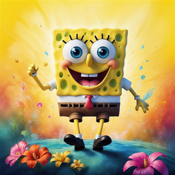 پوستر پرانرژی باب اسفنجی با پس‌زمینه زرد درخشان و گل‌های زیبا برای اتاق خواب