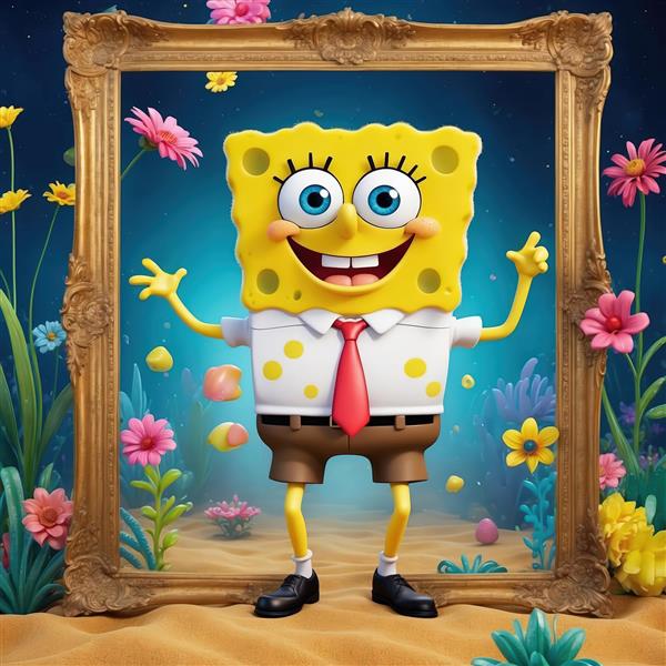 عکس با کیفیت باب اسفنجی داخل قاب عکس طلایی کلاسیک برای دکوراسیون داخلی