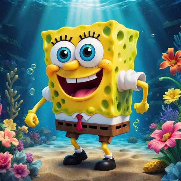تصویر اورجینال باب اسفنجی در حال قدم زدن در کف دریا با کیفیت فوق‌العاده