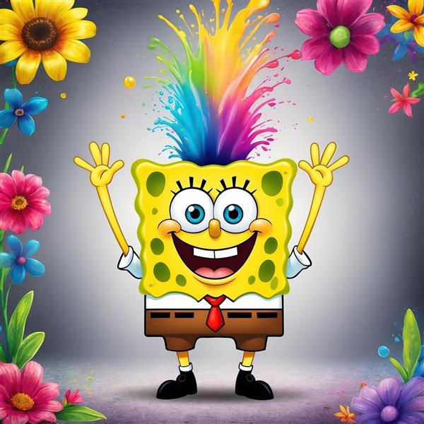 عکس هنری باب اسفنجی با انفجار رنگ‌های رنگین‌کمانی از سر مناسب چاپ روی بوم