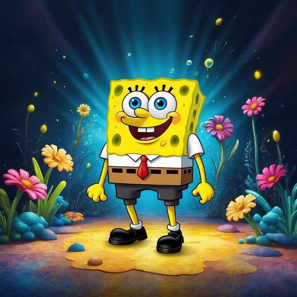 طرح گرافیکی باب اسفنجی ایستاده در بستر دریا با نورپردازی آبی و گل‌های رنگی