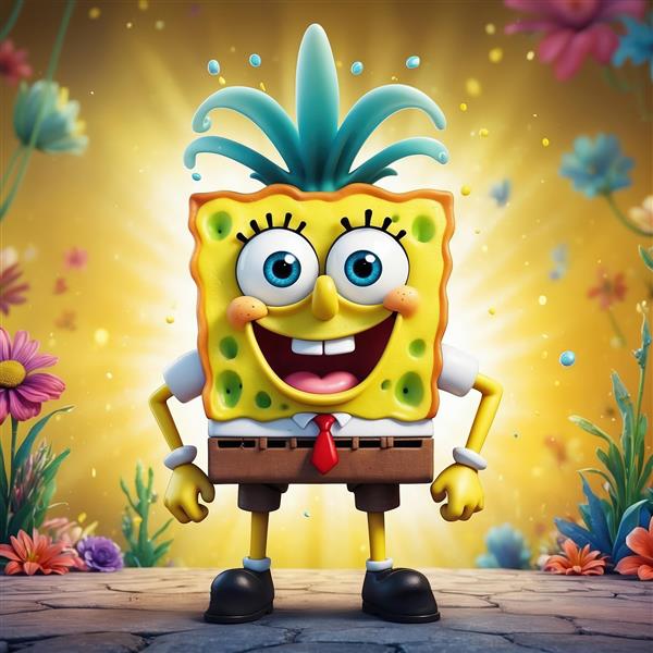عکس با کیفیت باب اسفنجی با کلاه آناناسی و لبخند برای چاپ پوستر اتاق کودک