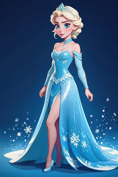 تصویر تمام‌قد السا با لباس آبی و چاک بلند در دهکده برفی (دکوراتیو)