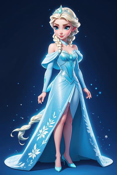 تصویر تمام‌قد السا در لباس آبی براق با مدل موی جمع در فضای برفی